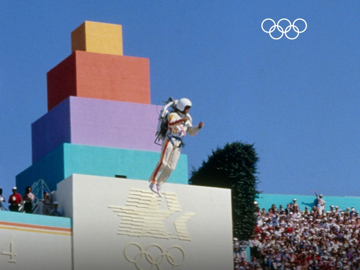 Jetpack man flying into LA Memorial Coliseum at 1984 Opening Ceremony