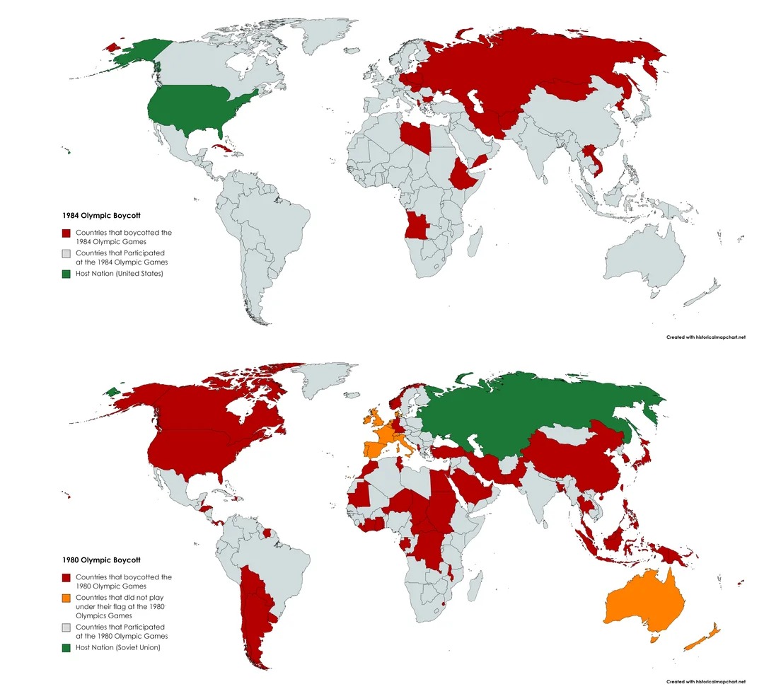 1980 and 1984 Olympic boycott map showing boycotting countries